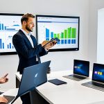 A professional, diverse group of business people in a modern, open-plan office, engaged in a seamless omnichannel experience. They are fully clothed in professional business attire, interacting with various integrated digital devices like laptops, tablets, and large touch screens that display unified customer data. The scene depicts smooth data flow and collaborative problem-solving, showcasing a customer-centric approach. Perfect anatomy, correct proportions, natural pose, well-formed hands, proper finger count. High-resolution professional photography, soft studio lighting. Safe for work, appropriate content, modest clothing, family-friendly.