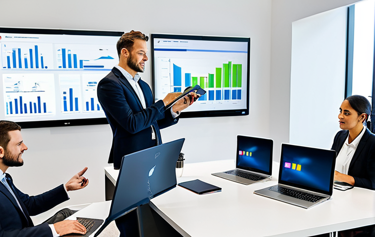A professional, diverse group of business people in a modern, open-plan office, engaged in a seamless omnichannel experience. They are fully clothed in professional business attire, interacting with various integrated digital devices like laptops, tablets, and large touch screens that display unified customer data. The scene depicts smooth data flow and collaborative problem-solving, showcasing a customer-centric approach. Perfect anatomy, correct proportions, natural pose, well-formed hands, proper finger count. High-resolution professional photography, soft studio lighting. Safe for work, appropriate content, modest clothing, family-friendly.