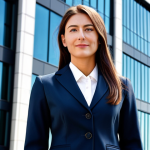 ** A professional businesswoman in a modest business suit, standing confidently in front of a modern office building, fully clothed, appropriate attire, safe for work, perfect anatomy, natural proportions, professional photography, high quality, family-friendly.

**