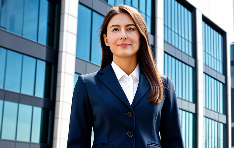 ** A professional businesswoman in a modest business suit, standing confidently in front of a modern office building, fully clothed, appropriate attire, safe for work, perfect anatomy, natural proportions, professional photography, high quality, family-friendly.

**