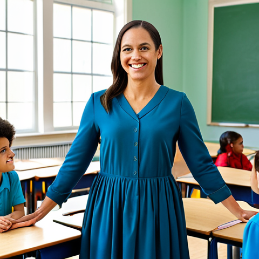 ** A friendly, fully clothed female teacher in a modest dress, standing in a bright and cheerful classroom with diverse students. Appropriate attire, safe for work, family-friendly, perfect anatomy, natural proportions, well-formed hands.
**
