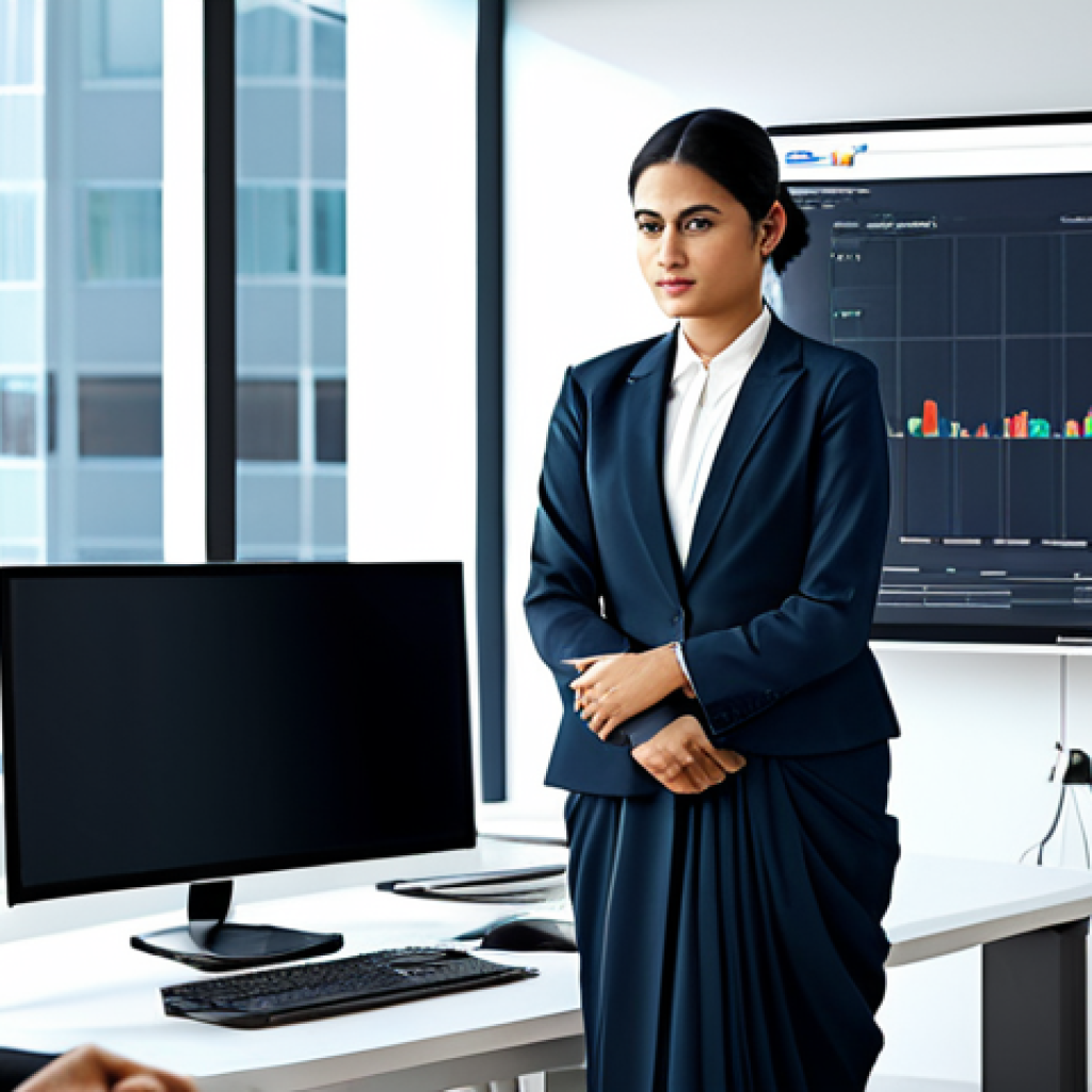 옴니채널 고객 경험 개선을 위한 팀워크 강화 - **Prompt:** A bustling modern office scene, a businesswoman in a stylish, modest sari analyzing cust...