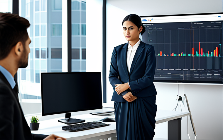 옴니채널 고객 경험 개선을 위한 팀워크 강화 - **Prompt:** A bustling modern office scene, a businesswoman in a stylish, modest sari analyzing cust...
