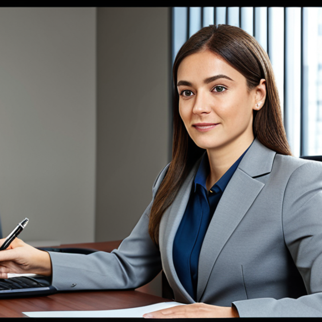 옴니채널 관리 도구 소개 및 활용 사례 - A professional businesswoman in a modest business suit, sitting at a desk in a modern office, fully ...