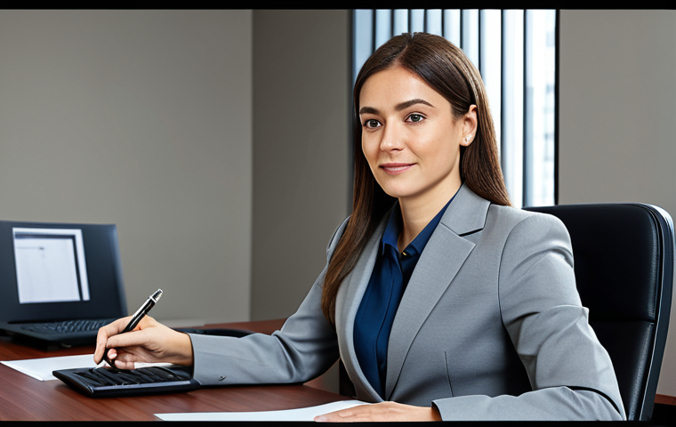 옴니채널 관리 도구 소개 및 활용 사례 - A professional businesswoman in a modest business suit, sitting at a desk in a modern office, fully ...