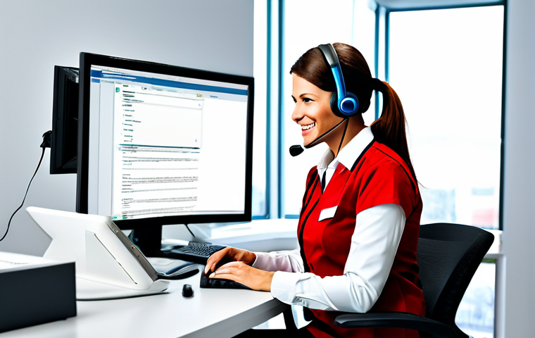 옴니채널 관리 도구 소개 및 활용 사례 - A professional businesswoman in a modest business suit, sitting at a desk in a modern office, fully ...