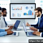 Home 20 옴니채널 환경에서의 CRM 활용 방안 - A modern office scene showing a diverse team of professionals analyzing customer data on multiple di...