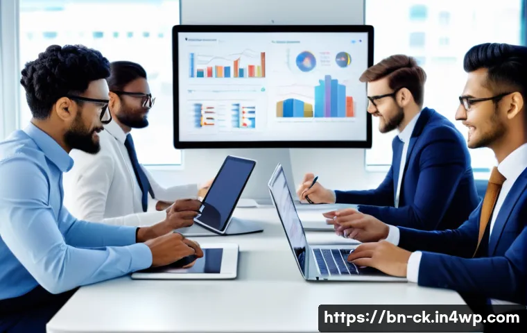 옴니채널 환경에서의 CRM 활용 방안 - A modern office scene showing a diverse team of professionals analyzing customer data on multiple di...