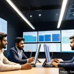 Home 18 옴니채널 경험 개선을 위한 사례 연구 발표 - A modern digital workspace showcasing a diverse team of Bengali professionals collaborating seamless...